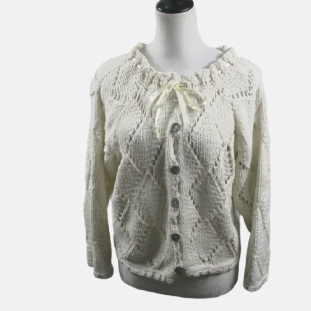 Rico Cream 100% Cotton Cardigan Sweater Ribbon Neckline 3/4 Sleeve Size M/L